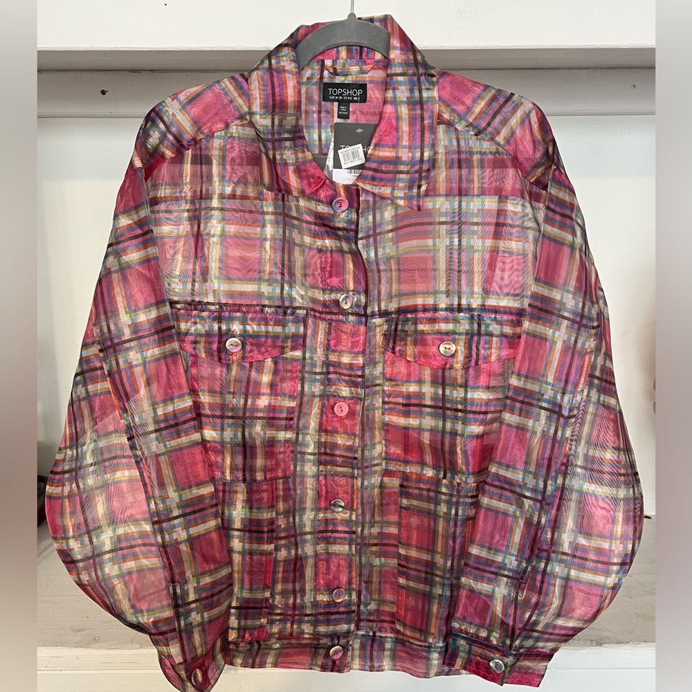 Topshop Pink Plaid Sheer Button Up